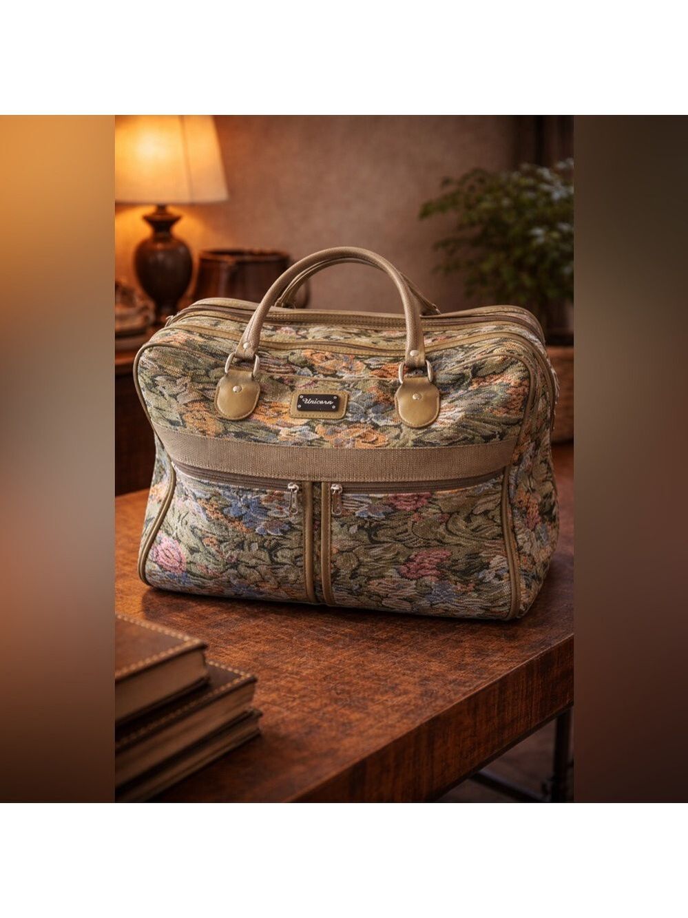 VINTAGE Unicorn Brand FABRIC Floral Tapestry Travel Carry on Quality Bag EUC